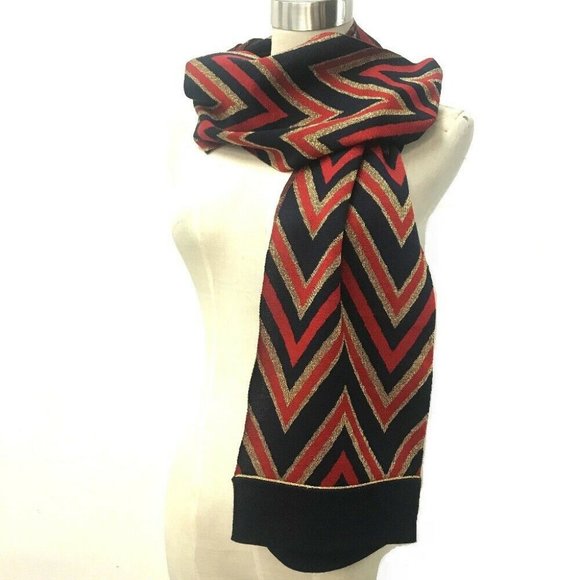 GUCCI V line Stole/Shawl Scarf wool Navy x Gold x Red - Picture 1 of 10